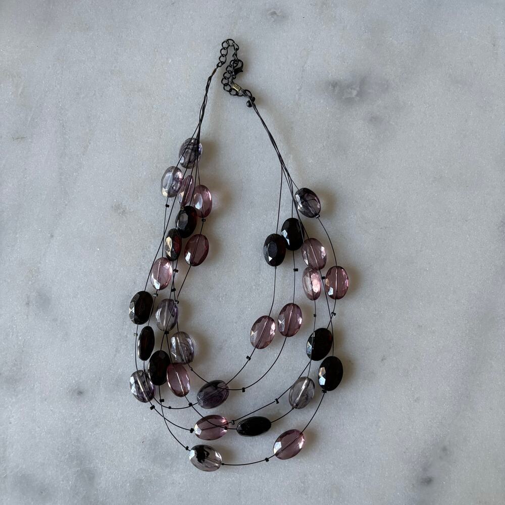 Multi Strand purple black clear beaded necklace black chain 9 in drop. fashion
